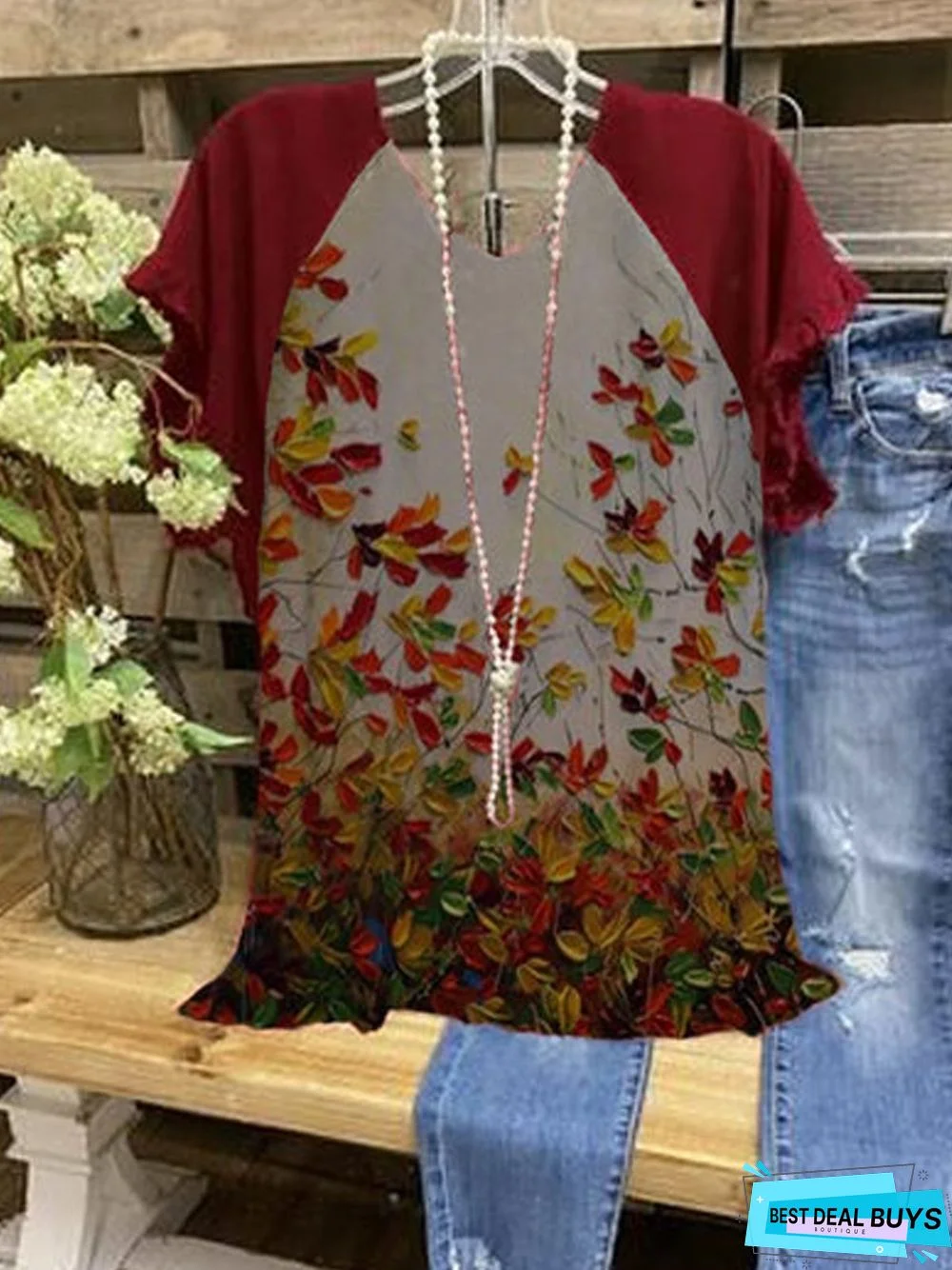 Plus Size Cotton-Blend Crew Neck Casual Floral T-shirt