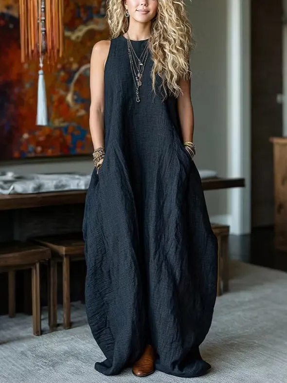 Black Sleeveless Faux Linen Balloon Maxi Dress