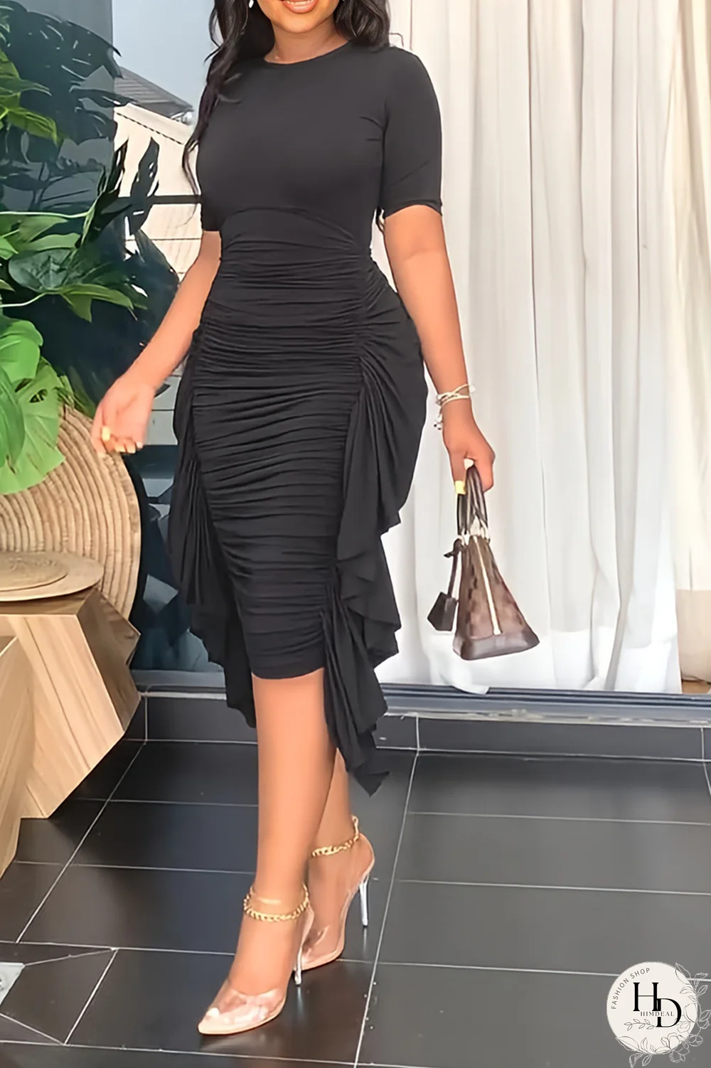 Sky Blue Fashion Solid Flounce Fold O Neck Pencil Skirt Dresses