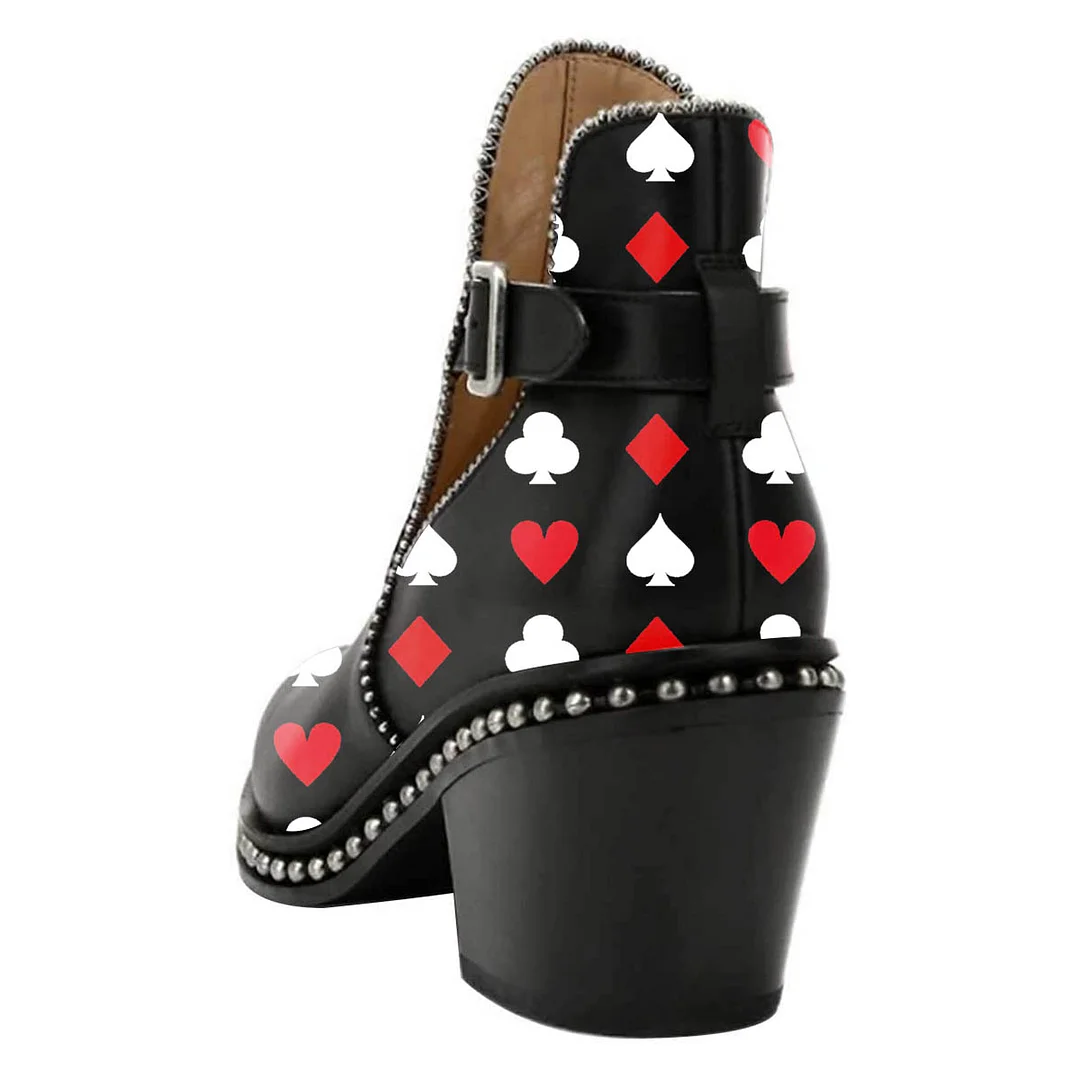 Poker Print Studded Buckle Strap Pointed Toe Chunky Heeled Booties