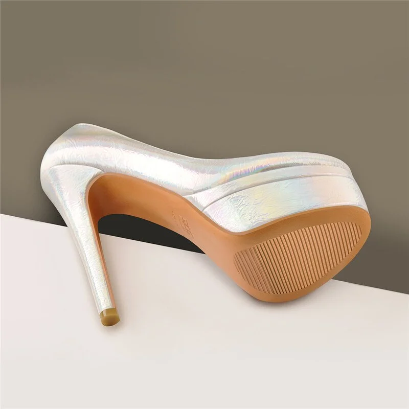 Onlymaker Women Colorful Round Toe 16CM High Heel Platform Stiletto Slip On Pumps For Party Dressing Gold and Silver Shoes