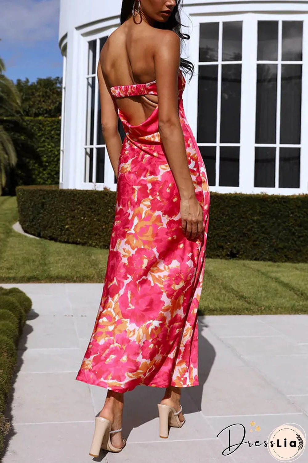 Floral Strapless Backless Midi Dress
