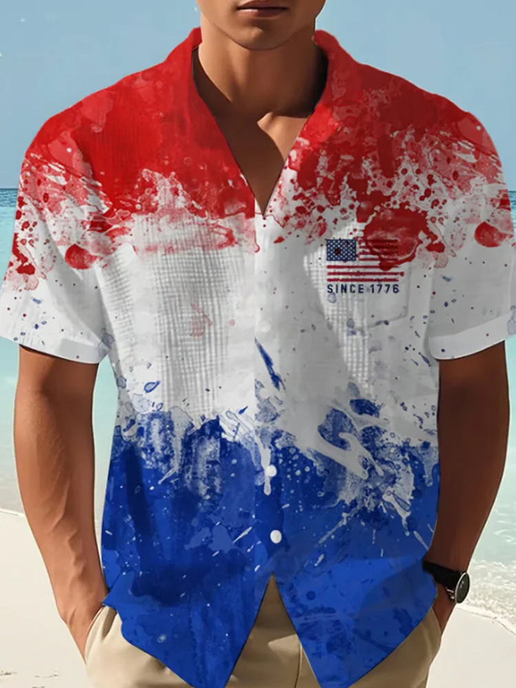 Men's Casual Flag Independence Day Print Waffle Shirt