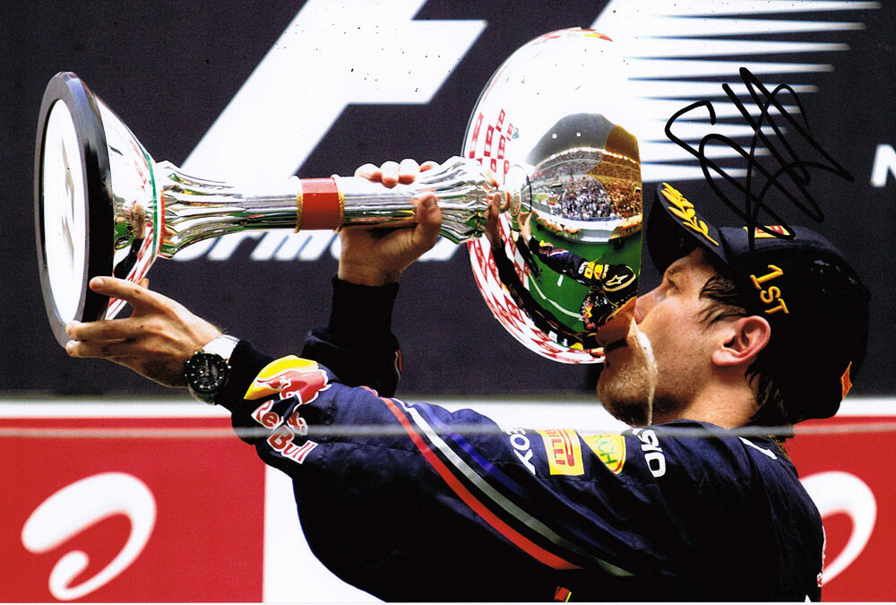 Sebastian Vettel SIGNED AUTOGRAPH F1 World Champion Podium 12x8 Photo Poster painting AFTAL COA