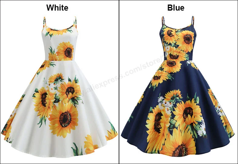 Churchf Sexy Spaghetti Strap Swing Vintage Rockabilly Dresses Floral Summer Beach Dress Women  White Boho Sunflower Midi Dresses-Outfit Ideas