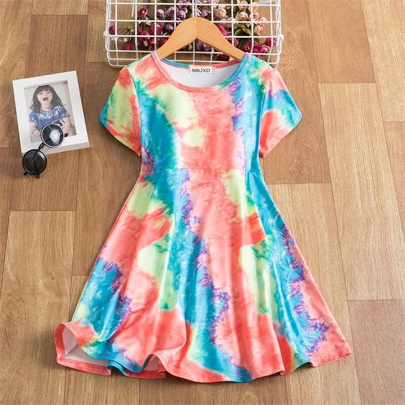 Summer Fancy Pretty Girl Colorful Dots Dress Birthday Party Princess Dress Lace Ball Gown Elegant Dress Casual Dress Size 3-8T
