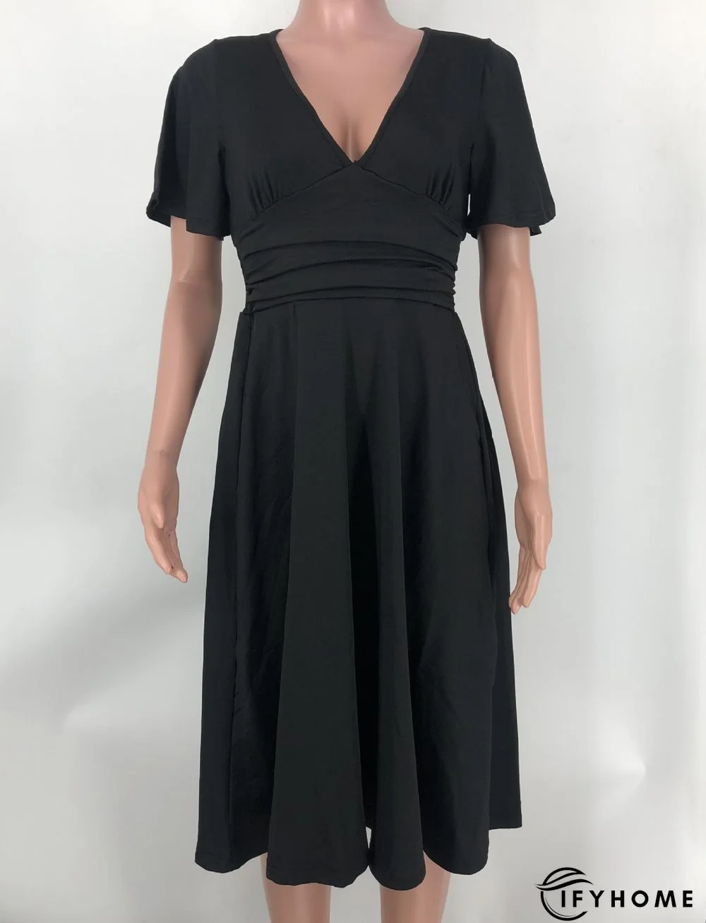 Fashion Solid Color V-neck Short-sleeved Waist Pleated Dress | IFYHOME