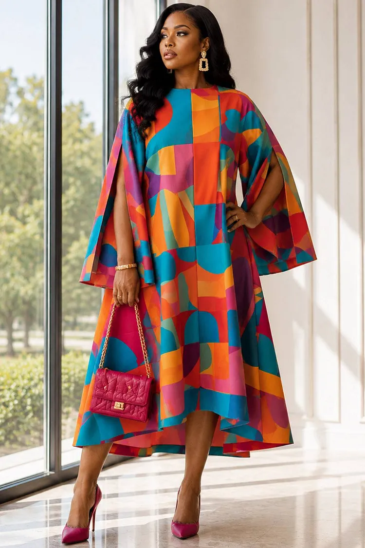Xpluswear Design Plus Size Business Casual Multicolor All Over Print Round Neck Split Sleeve Long Sleeve Split Pocket Midi Dresses [Pre-Order] 2024 - Xpluswear