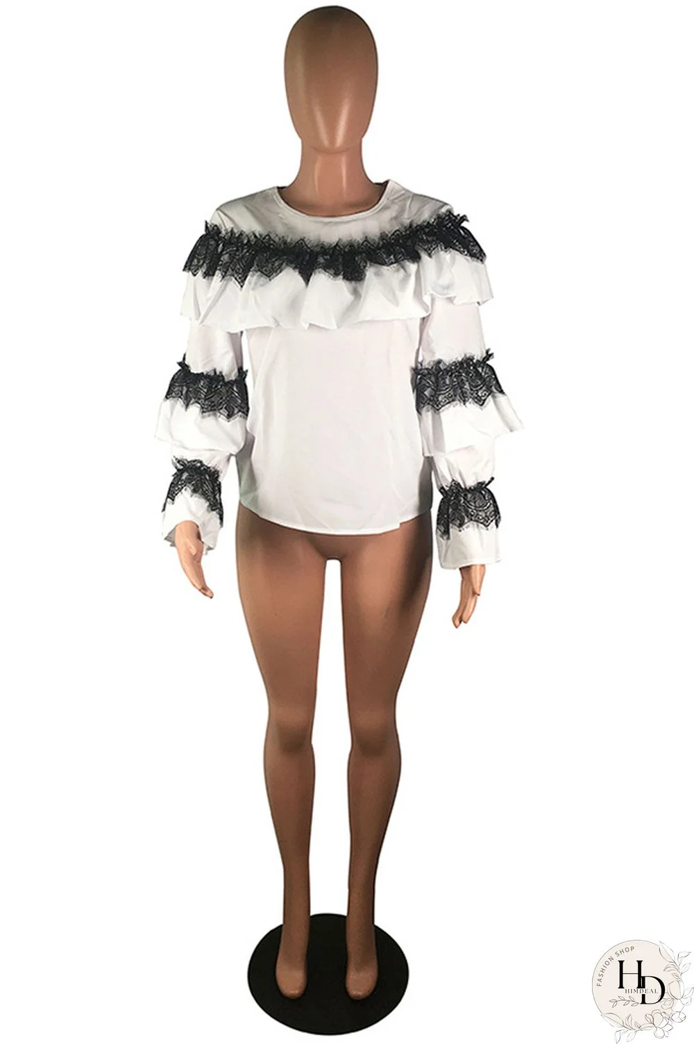 White Polyester O Neck Long Sleeve ruffle Solid Patchwork Tees & T-shirts