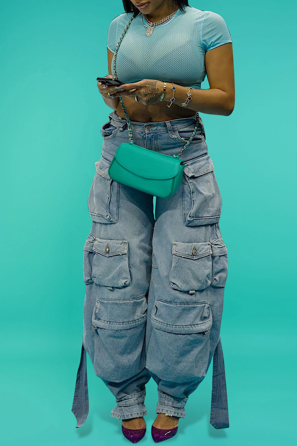 Plus Size Daily Light Blue Spring Summer Pocket Cargo Denim Jeans [Pre-Order]