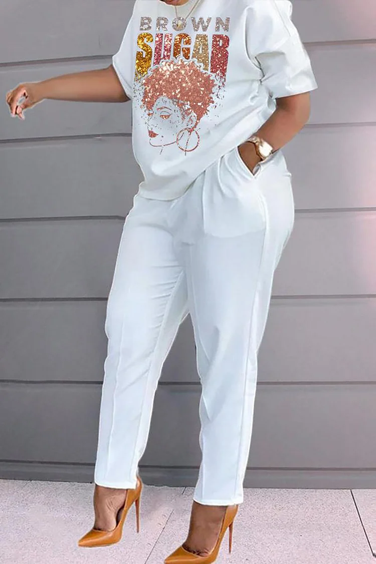Xpluswear Plus Size White Casual Brown Sugar Afro Queen Print Short Sleeve Two Piece Pant Sets
