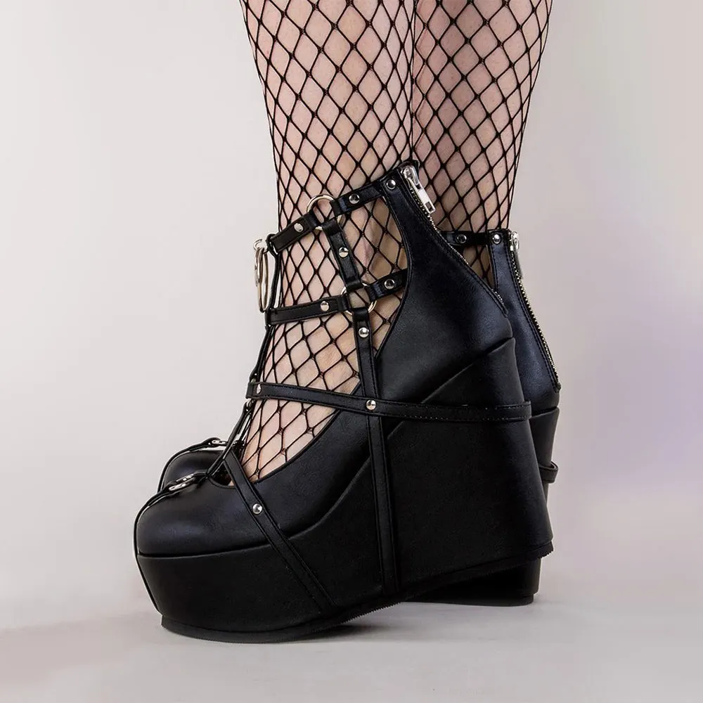 Round Toe Ankle Strap Platform Wedge Heel Studded Strappy Black Pumps