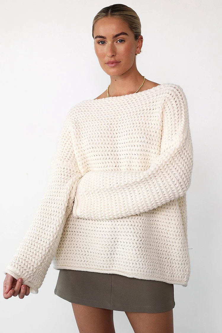 Textured Knit Long Sleeve Plain Casual Sweater-Beige [Pre Order]
