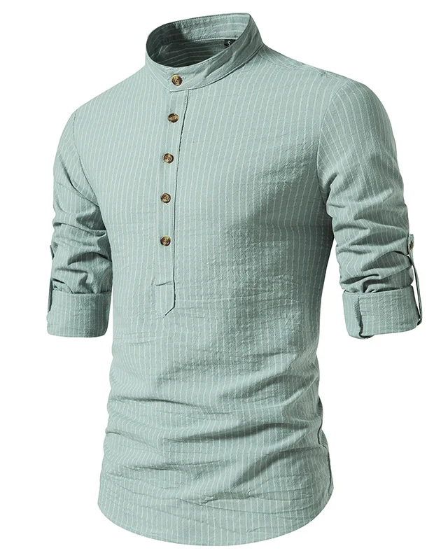 Men's Cotton And Linen Classic Striped Long-Sleeved Shirt 0214