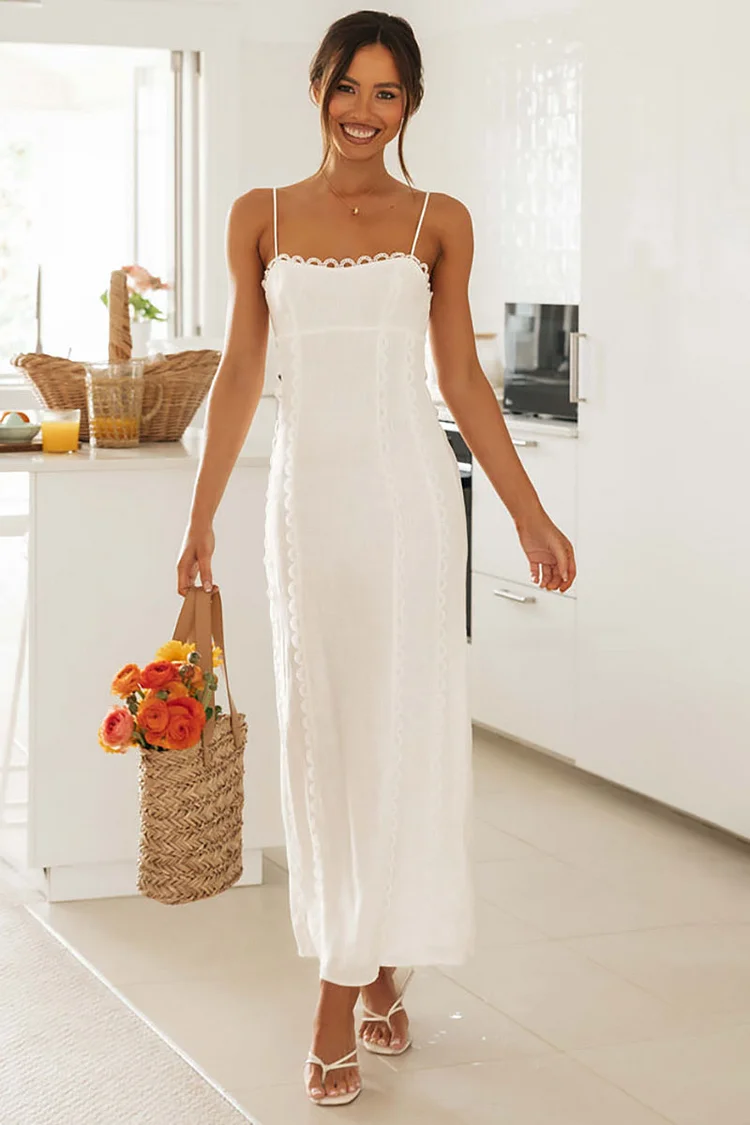 Cami Lace Trim Patchwork Slim Fit Slit Maxi Dresses-White [Pre Order]