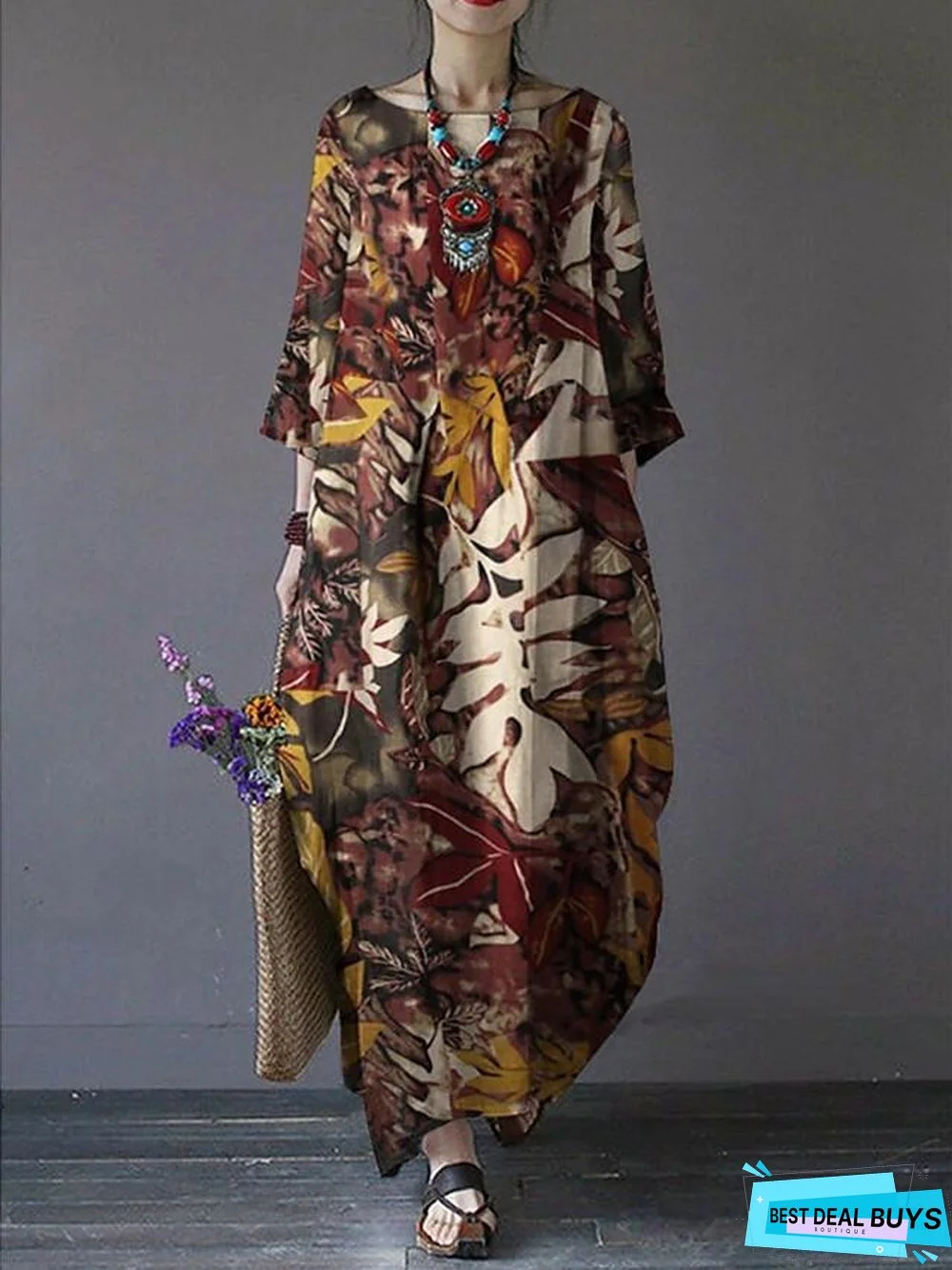 Women's Swing Dress Maxi Long Dress 3/4 Length Sleeve Print Fall Hot Vintage Chinoiserie Cotton Red Green Brown