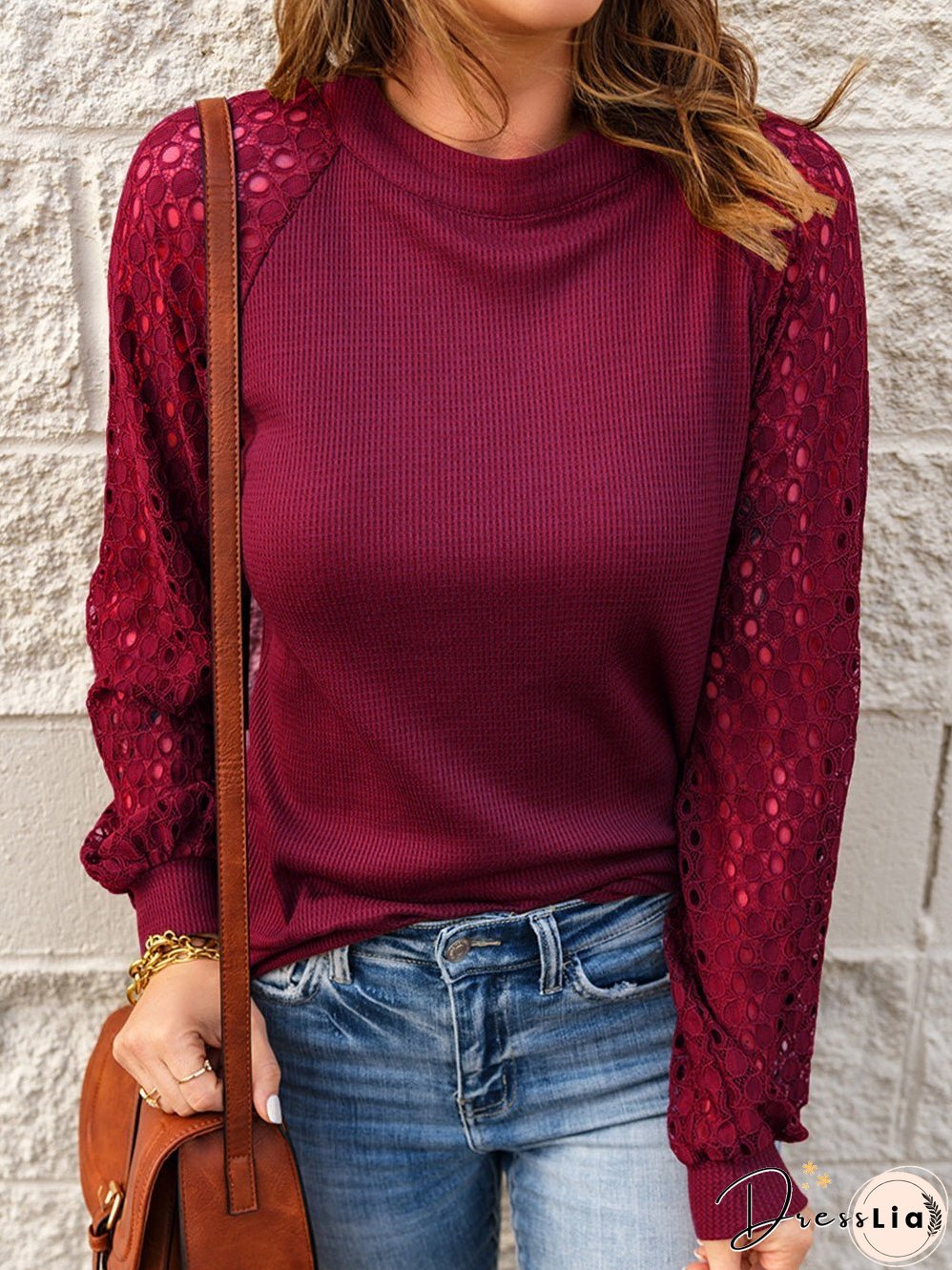 T-Shirts Crew Neck Lace Panel Hollow Long Sleeve T-Shirt for Women