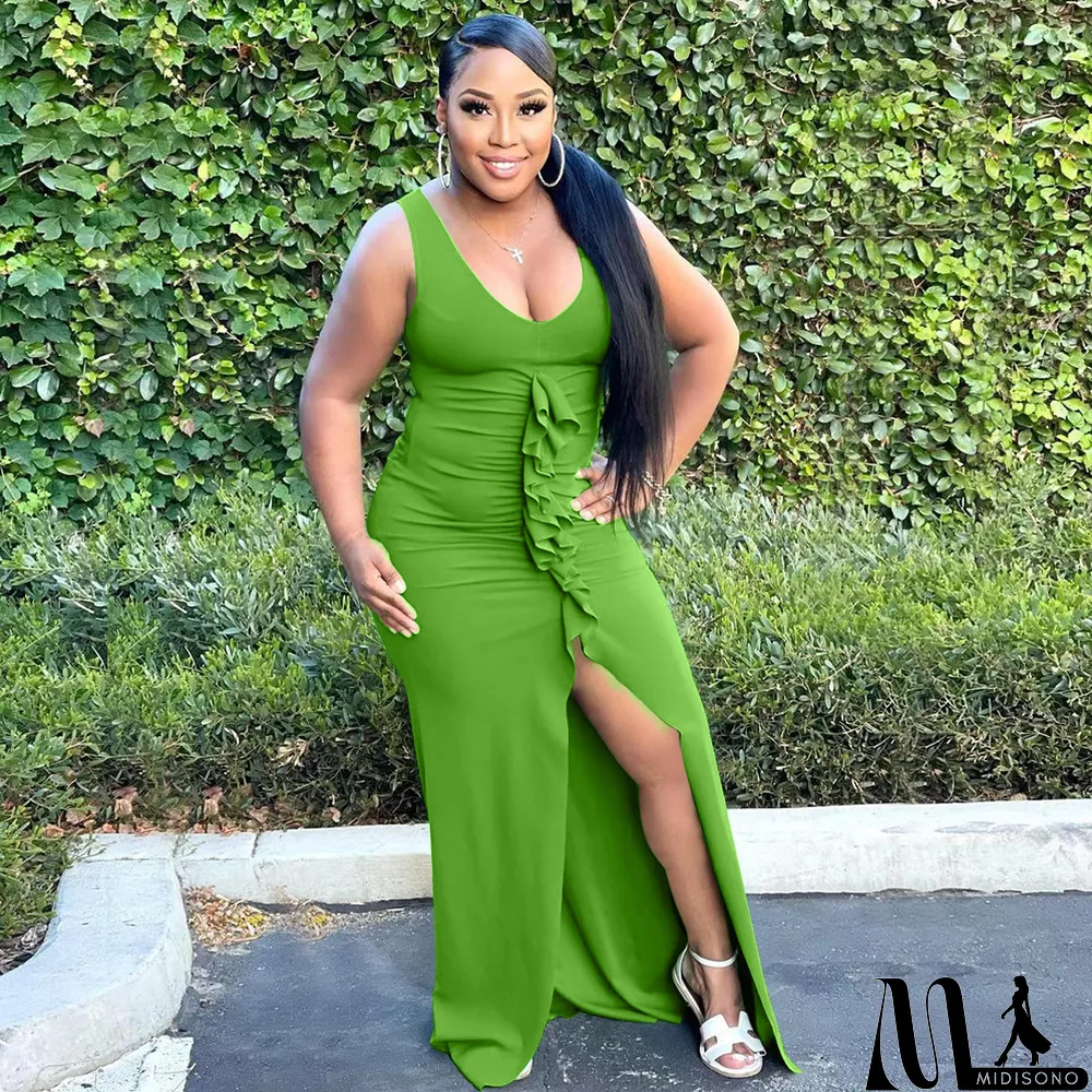 MidiSono - Solid Sleeveless V Neck Ruffled Split Maxi Dress