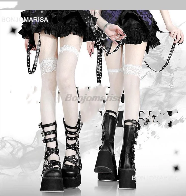 yyvonne Women Goth Platform Mid Calf Boots Wedges Heeled Cospaly Autumn Combat Boots Design Luxury Motorcycle Boots Shoes