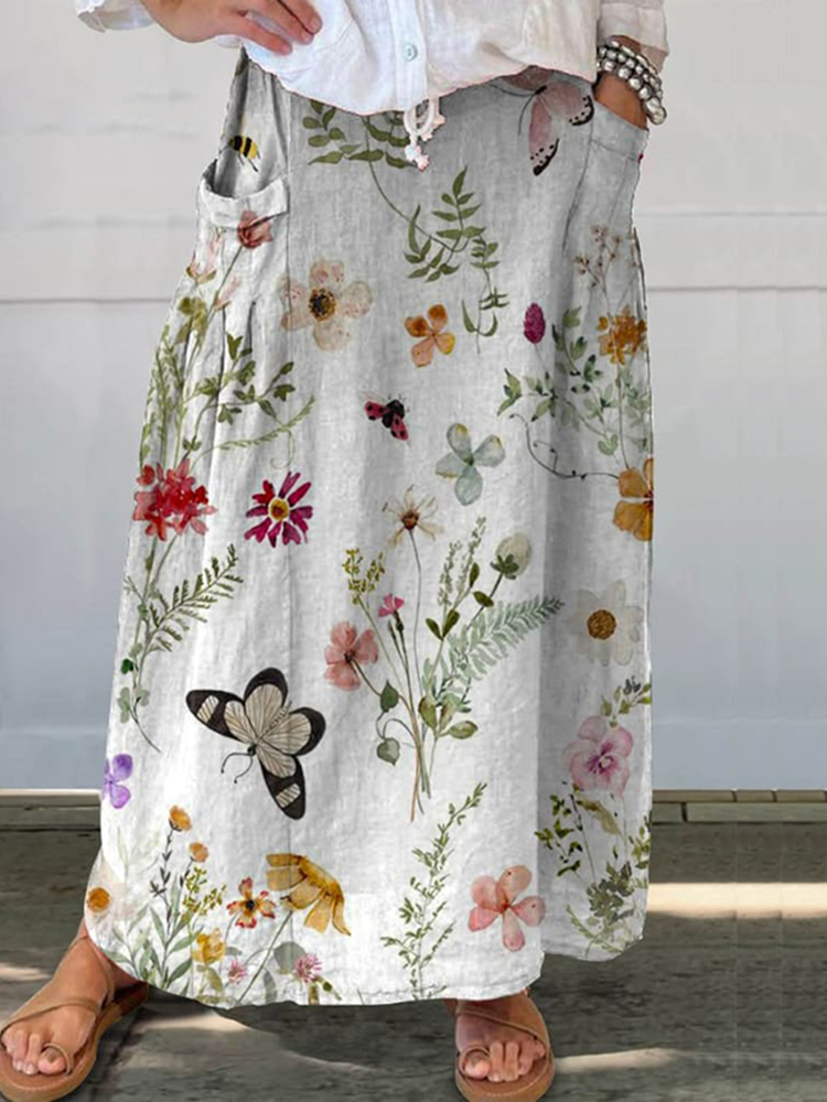 Comstylish Women's Vintage Floral Art Print Casual Linen Pocket Skirt