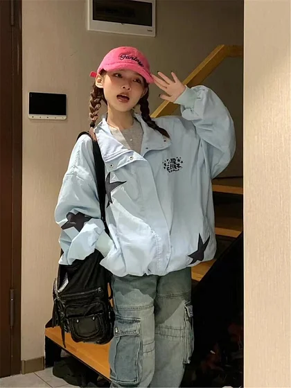 Vintage Streetwear Zipper Oversized Jackets Women Harajuku Retro Star Patchwork Coats Loose Casual Long Sleeve Tops Y2K