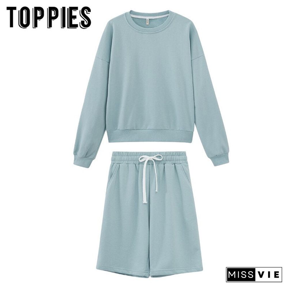 Toppies Women Two Piece Set Tracksuits O-Neck Sweatshirts Elastic High Waist Bermuda Solid