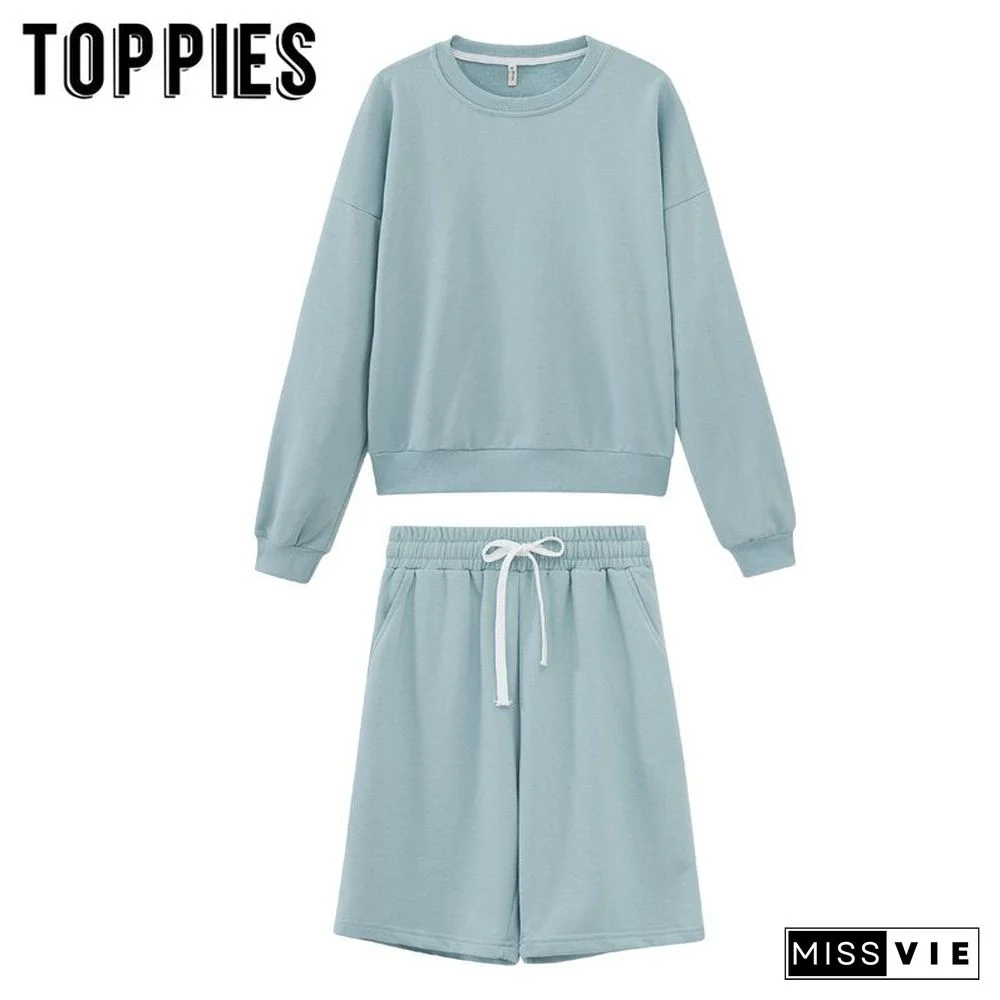 Toppies Women Two Piece Set Tracksuits O-Neck Sweatshirts Elastic High Waist Bermuda Shorts Solid Color