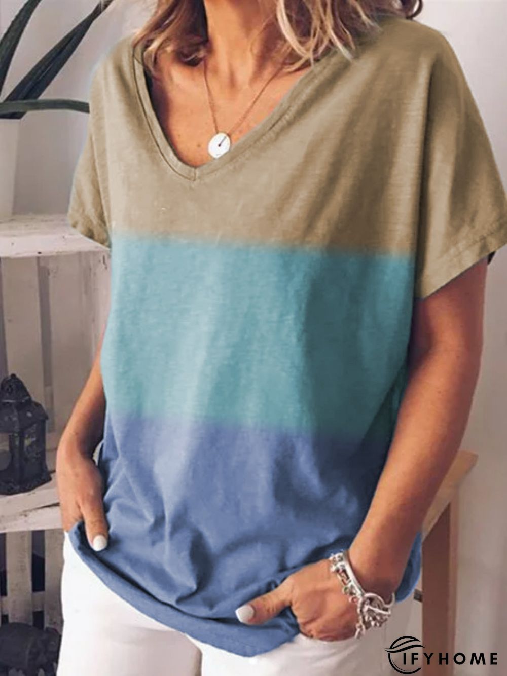 Tie Dye V-Neck Short Women Tunic T-Shirt | IFYHOME