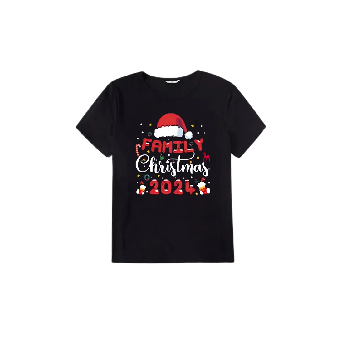 "Family Christmas 2024" with Santa Hat Pattern Ⅱ- Black Short Sleeve with Red & Black Plaid Pant Family Matching Pajamas