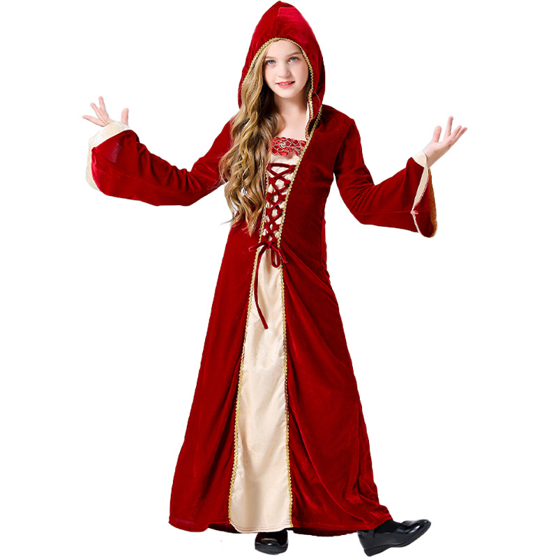 Halloween Kid‘s Costume Medival Lace Up Hooded Red  Dress Performance Costume Novameme