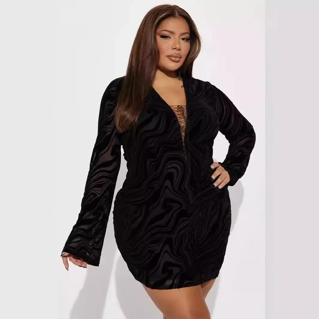 Wave Print Mesh Long Sleeve Deep V Lace Up Bodycon Mini Dress 