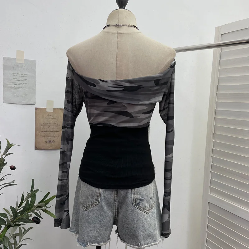 Nigikala Nigikala Real Shot Of The Hottie Shoulder Mesh Hot Diamond To Receive The Belt Strap Horn Long Sleeve Top Short T-Shirt 2760