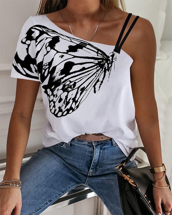 One Shoulder Butterfly Print Casual T-shirt - Chicaggo