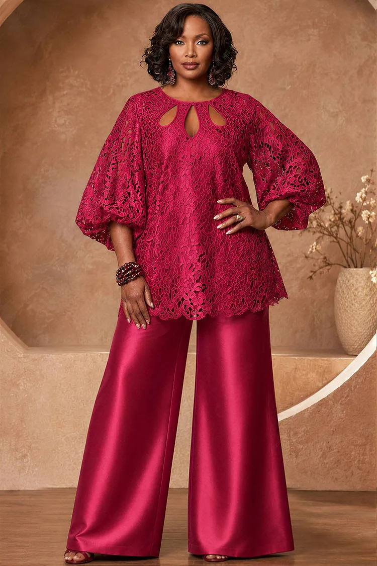 Xpluswear Design Plus Size Mother Of The Bride Satin Rose Round Neck Lantern Sleeve 3/4 Sleeve Cut Out Pocket Lace Two Piece Pant Sets [Pre-Order] 2024 - Xpluswear