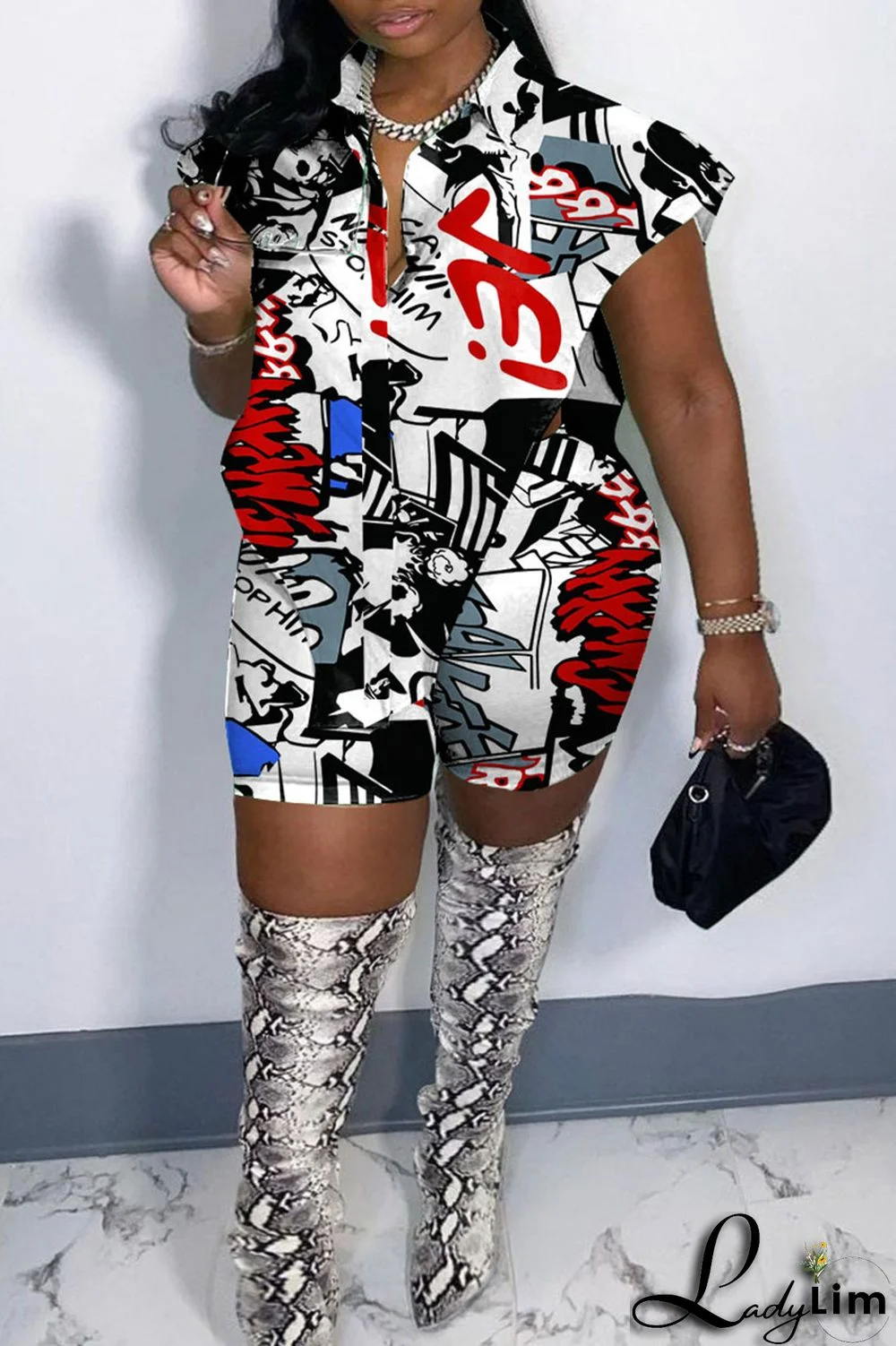 White Sexy Street Print Patchwork Buckle Asymmetrical Turndown Collar Plus Size Two Pieces