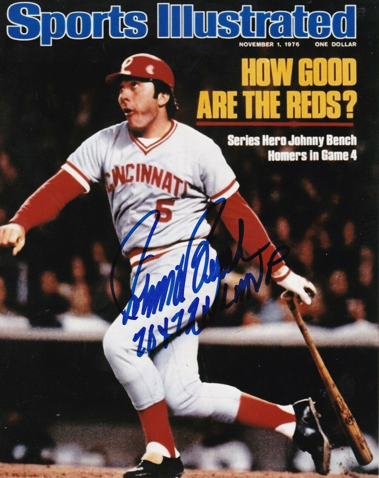 JOHNNY BENCH CINCINNATI REDS 70/72 NL MVP SPORTS ILLUSTRATED COVER SIGNED 8x10