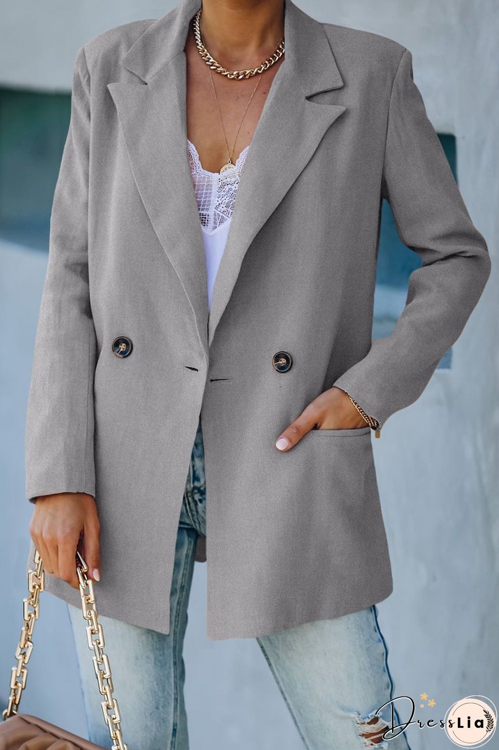Double-Breasted Padded Shoulder Blazer with Pockets