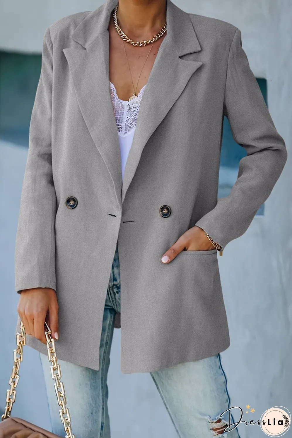 Double-Breasted Padded Shoulder Blazer with Pockets
