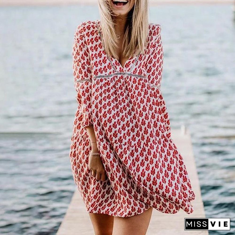 V-Neck Flare Three Quarter Sleeve Dress