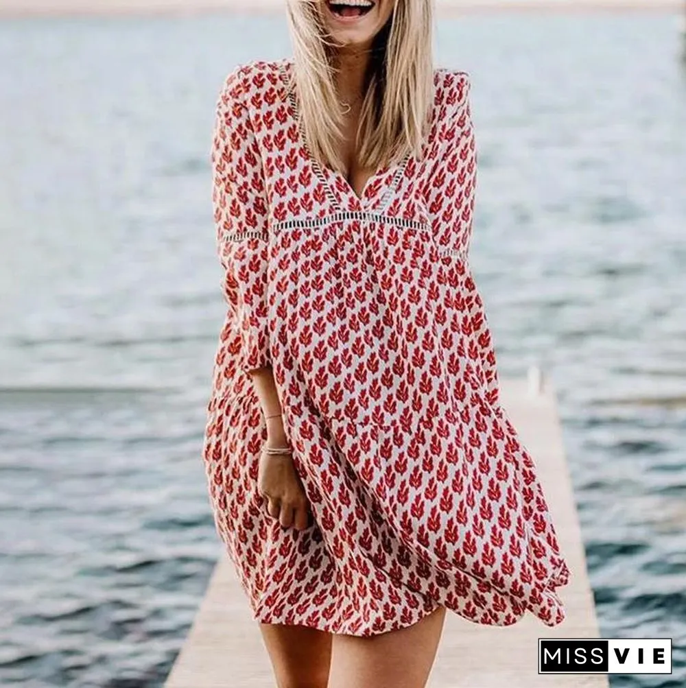 V-Neck Flare Three Quarter Sleeve Dress
