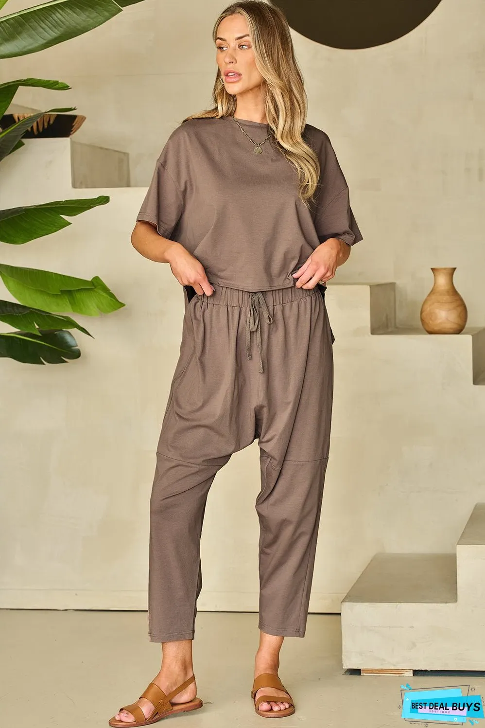 Simply Taupe High Low Boxy Fit Tee and Crop Pants Set