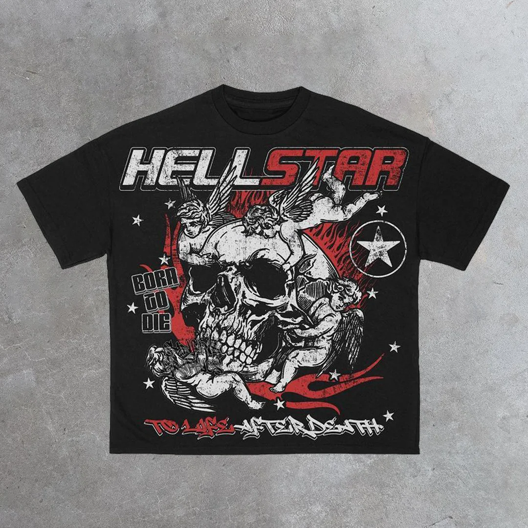 Vintage Hellstar Skull Angel Casual Cotton Short Sleeve T-Shirt