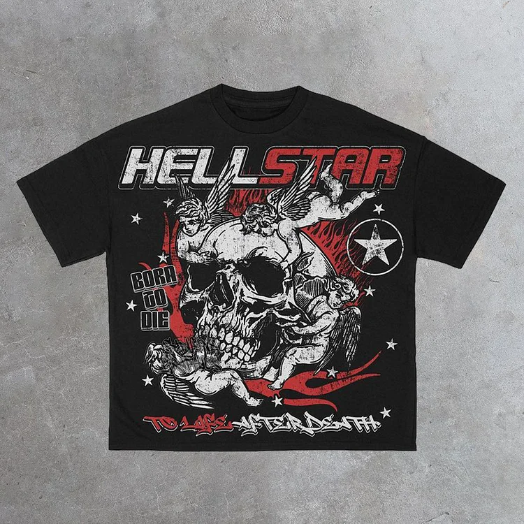 Vintage Hellstar Skull Angel Graphic Cotton T-Shirt
