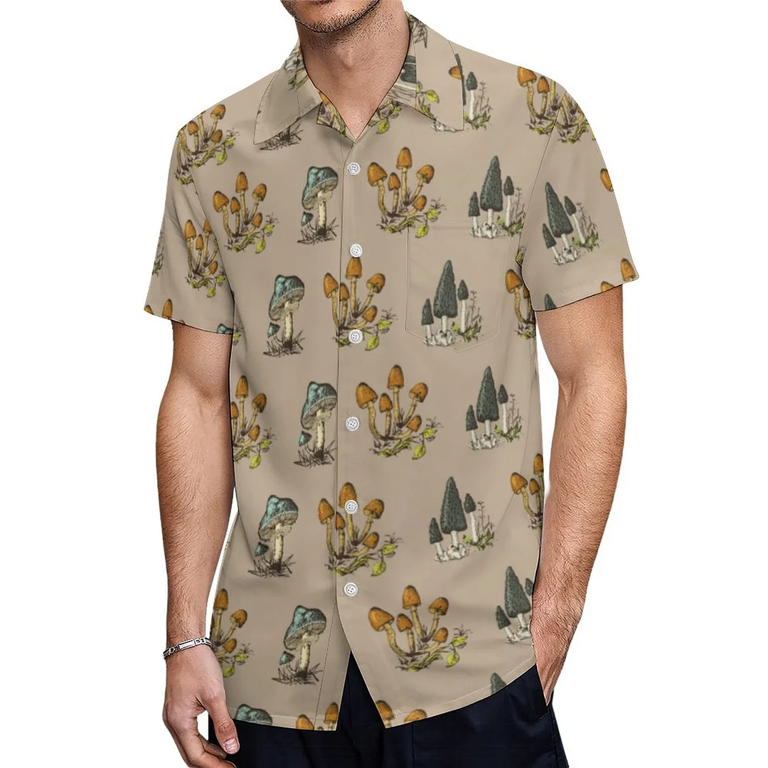 Short Sleeve Brown Cottagecore Mushroom Hawaiian Shirt Mens Button Down Plus Size Tropical Hawaii Beach Shirts