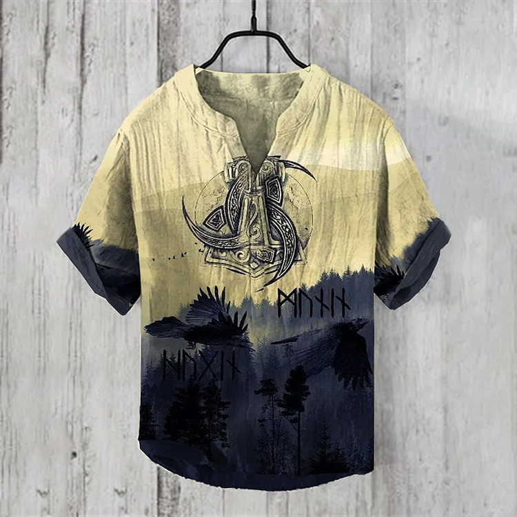 Viking Ethnic Gradient Gradient Forest Linen Blend Shirt