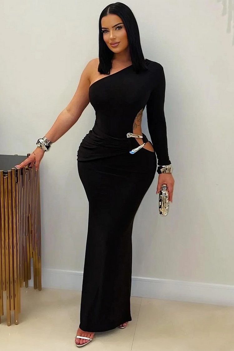 One Shoulder Long Sleeve Waist Cutout Bodycon Maxi Dresses-Black [Pre Order]