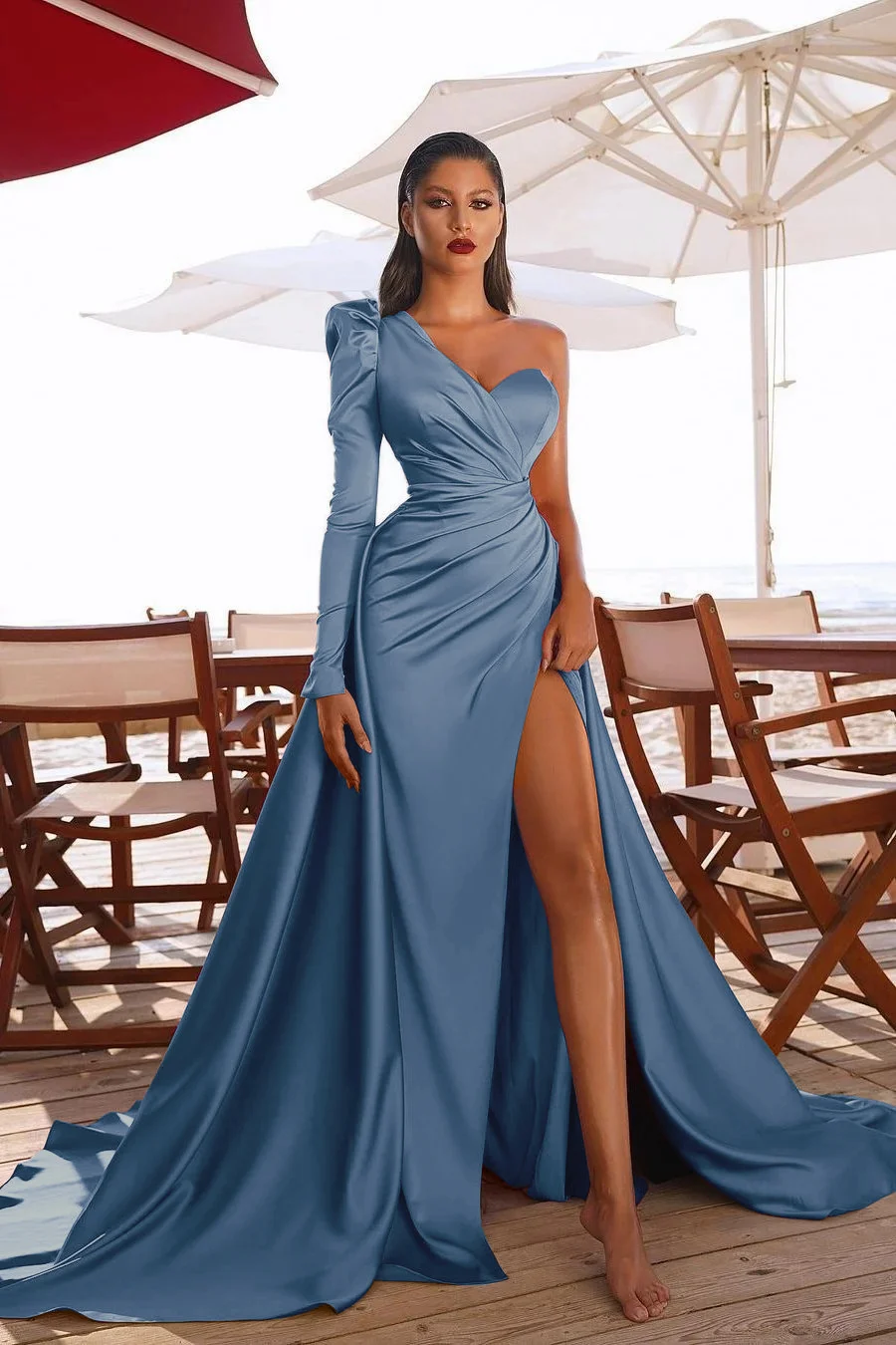 One Shoulder Long Sleeves Prom Dres With Split PD0105