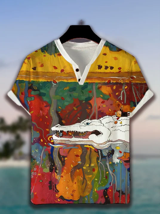 Men's Colorful Forest Reflection Crocodile Art Print Casual V Neck Button T-Shirt