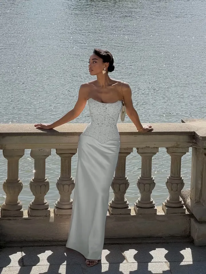 Daisda Sweet Elegant Pink Strapless Lace Embroidery Satin Sleevless Backless Prom Dress