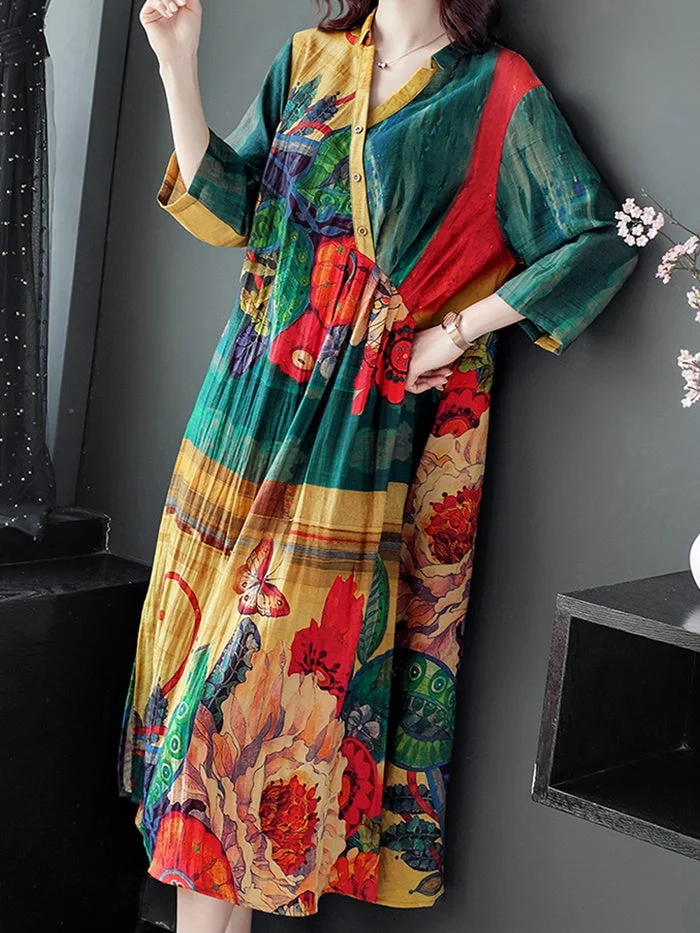 Fashion Cotton Linen Ramie Print Dress